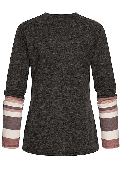 Cloud5ive Damen Pullover Sweater mit Knopfleiste und Streifenmuster d. grau multic.