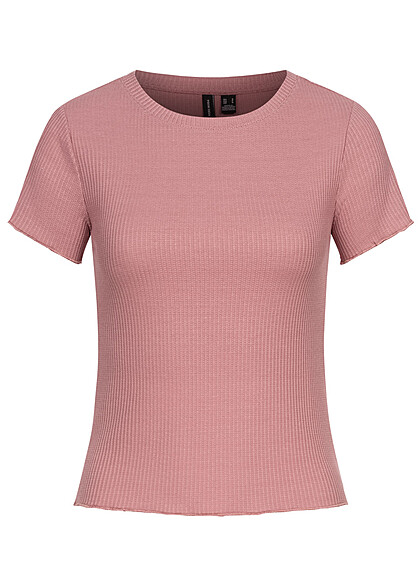 Vero Moda Dames Geribd T-shirt Top met ronde hals roze