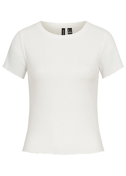 Vero Moda Dames Geribd T-shirt Top met ronde hals wit