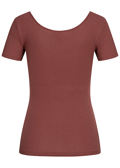 Pieces Dames geribd T-shirt met knoopsluiting bruin