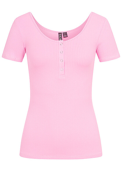 Pieces Dames geribd T-shirt met knoopsluiting bruin