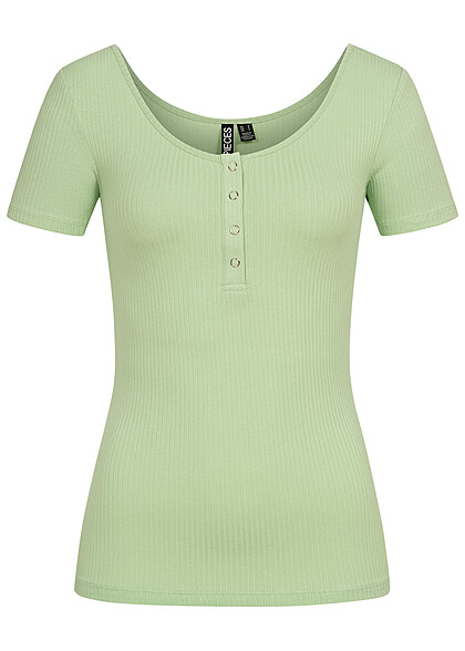 Pieces Dames geribd T-shirt met knoopsluiting groen