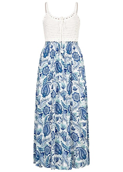 Aiki Damen Viskose Kleid mit Häkelbesatz und Bindedetail Paisley Print blau weiss - Art.-Nr.: 23020096