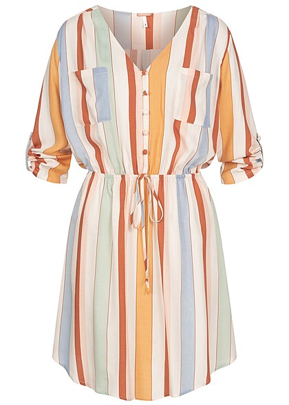 Aiki Damen Viskose Kleid mit Turn-Up Ärmeln und V-Neck gestreift weiss multicolor - Art.-Nr.: 23020099