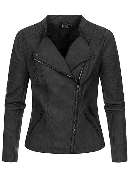ONLY Dames NOOS Faux Leather Biker Jacket asymmetrisch met rits 2 zakken zwart - Art.-Nr.: 23020285