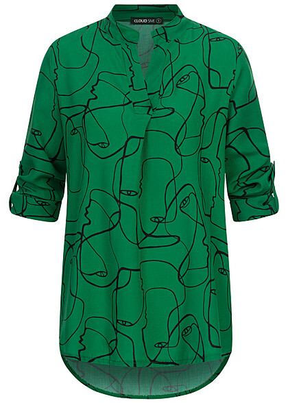 Cloud5ive Damen Viskose Turn-Up Bluse mit V-Neck und Face Print grn