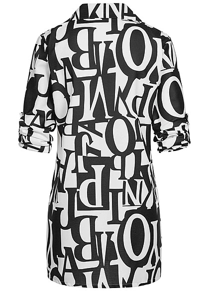 Cloud5ive Damen Longform Turn-Up Bluse mit Knopfleiste Buchstaben Print weiss schwarz
