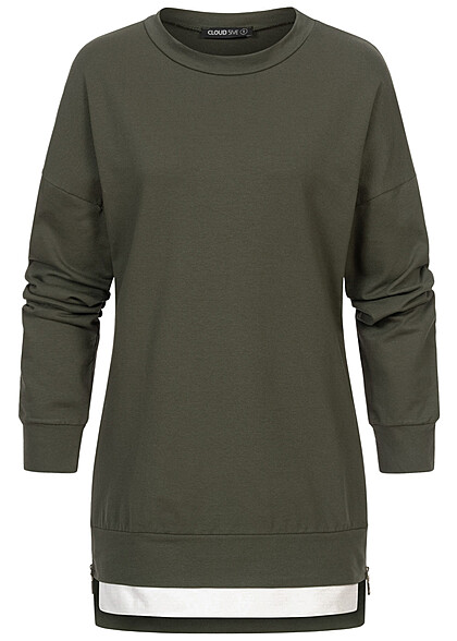 Cloud5ive Damen Pullover 2in1 Look Sweater m. Rundhals military grün weiss - Art.-Nr.: 23026643