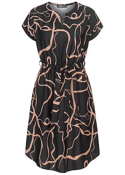 Cloud5ive Damen T-Shirt-Kleid mit V-Neck und Bindegürtel Abstrakt Print schwarz beige
