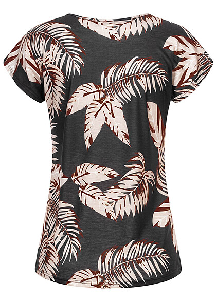 Cloud5ive Damen Rundhals Top T-Shirt mit Blätter Print schwarz beige
