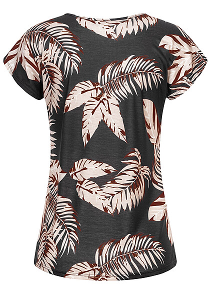 Cloud5ive Damen Rundhals Top T-Shirt mit Bltter Print schwarz beige