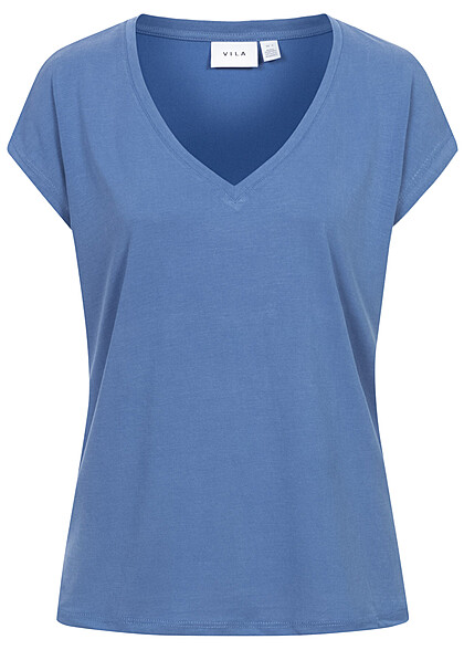 VILA Dames NOOS Tencel Modal V-Hals T-shirt blauw
