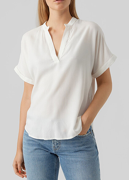 Vero Moda Dames T-shirt met V-hals en wijde mouwen wit