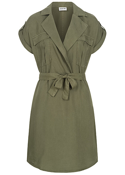 Noisy May Damen NOOS Kleid mit Bindegürtel Denim-Look 2-Brusttaschen oliv grün - Art.-Nr.: 23030036
