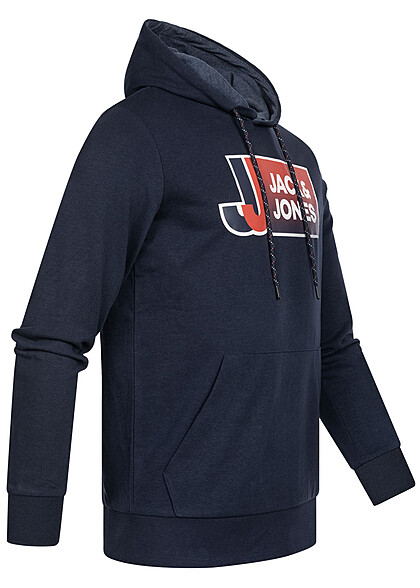 Jack and Jones Heren Hoodie met Kangaroezak en Logo Print navy blauw