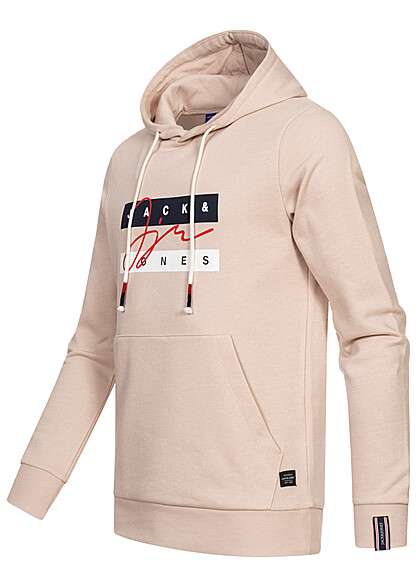 Jack and Jones Heren Hoodie met Kangaroezak en Logo Print moonbeam beige