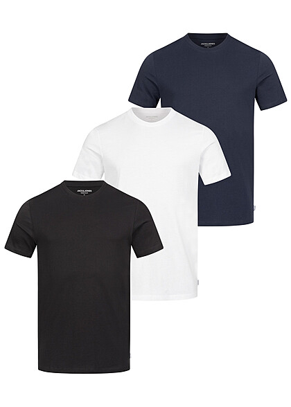 Jack and Jones Heren NOOS 3-Pack T-Shirt met Ronde Hals 1x zwart 1x navy 1x wit - Art.-Nr.: 23030196
