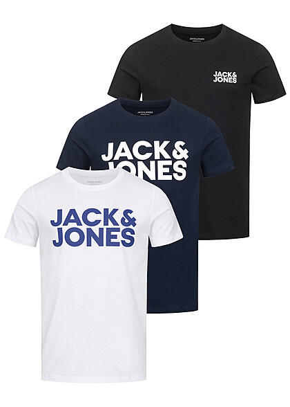 Jack and Jones Heren NOOS 3-Pack T-Shirt met Logoprint 1x zwart 1x navy 1x wit - Art.-Nr.: 23030197