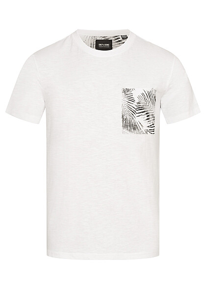 ONLY & SONS Heren NOOS Basic T-Shirt met ronde hals en tropische print helder wit - Art.-Nr.: 23030245