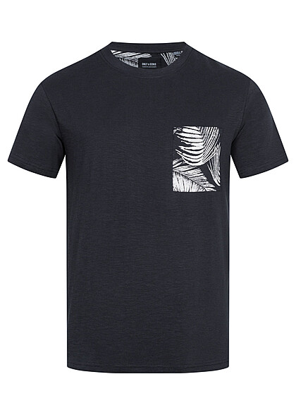 ONLY & SONS Heren NOOS Basic T-Shirt met ronde hals en tropische print donker marineblauw