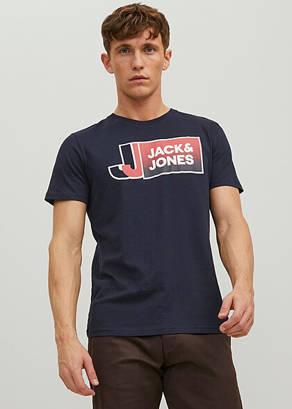 Jack and Jones Heren T-shirt met Logo Print en Ronde Hals navy blazer blauw