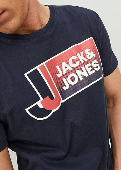 Jack and Jones Heren T-shirt met Logo Print en Ronde Hals navy blazer blauw