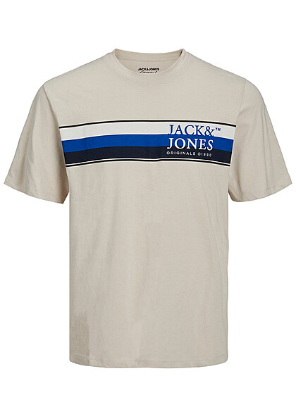 Jack and Jones Heren T-shirt met Logo Print en Ronde Hals moonbeam beige blauw