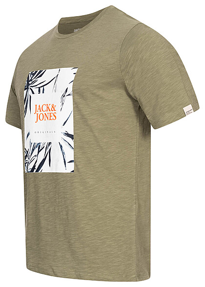 Jack and Jones Heren T-shirt met Logo Print en Ronde Hals olie groen en wit