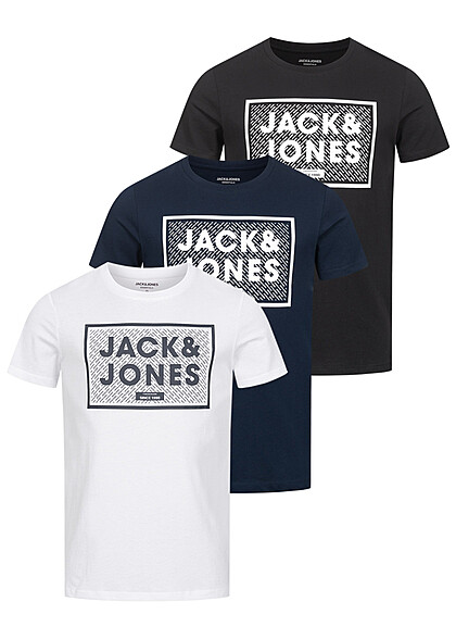 Jack and Jones Heren NOOS 3-Pack T-Shirt met Ronde Hals Logo Print wit zwart navy - Art.-Nr.: 23030365