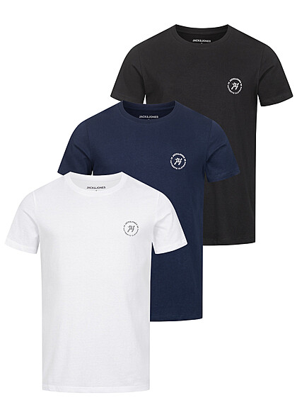 Jack and Jones Heren NOOS 3-Pack T-Shirt met Ronde Hals Logo Print wit zwart navy - Art.-Nr.: 23030366