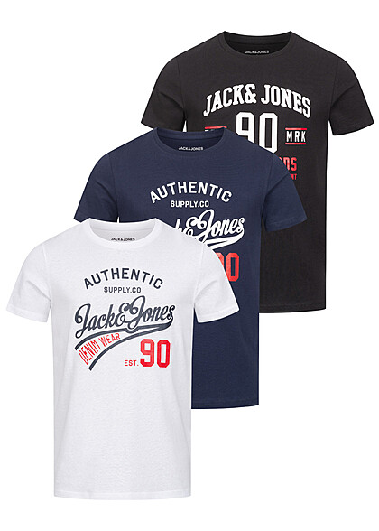 Jack and Jones Heren NOOS 3-Pack T-Shirt met Ronde Hals Logo Print wit zwart navy - Art.-Nr.: 23030367