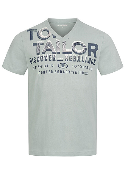 Tom Tailor Herren T-Shirt mit V-Neck und Logo Print hell eis blau
