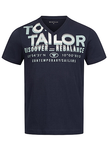 Tom Tailor Herren T-Shirt mit V-Neck und Logo Print sky captain navy blau