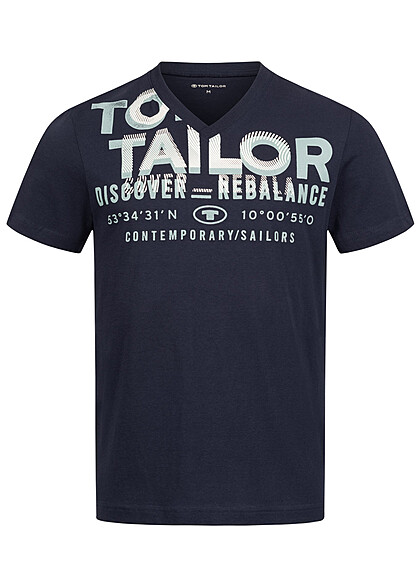 Tom Tailor Heren T-Shirt met V-hals en Logo Print sky captain navy blauw