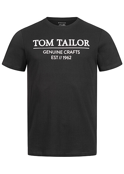 Tom Tailor Heren T-Shirt met Ronde Hals en Logo Print zwart wit - Art.-Nr.: 23030376