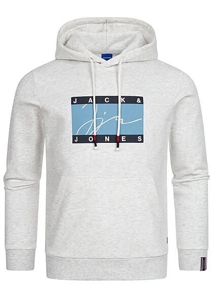 Jack and Jones Heren Hoodie met Kangoeroezak en Logo Print wit melange - Art.-Nr.: 23030392