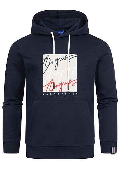 Jack and Jones Heren Hoodie met Kangoeroezak en Logo Print navy blazer blauw - Art.-Nr.: 23030393