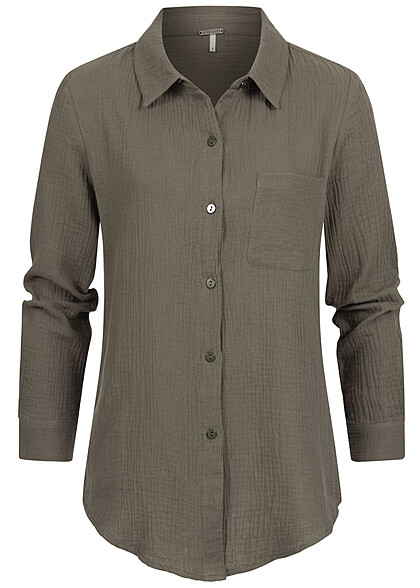Aiki Damen Hemd Bluse mit Brusttasche Strukturstoff khaki - Art.-Nr.: 23030424