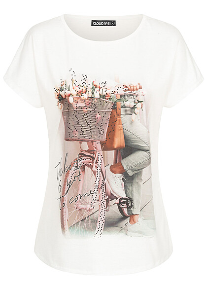 Cloud5ive Damen Viskose T-Shirt mit Fahrrad Print weiss - Art.-Nr.: 23036648