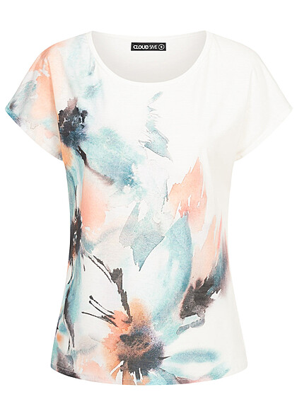 Cloud5ive Damen Viskose T-Shirt mit Pusteblumen Print weiss multicolor - Art.-Nr.: 23036650