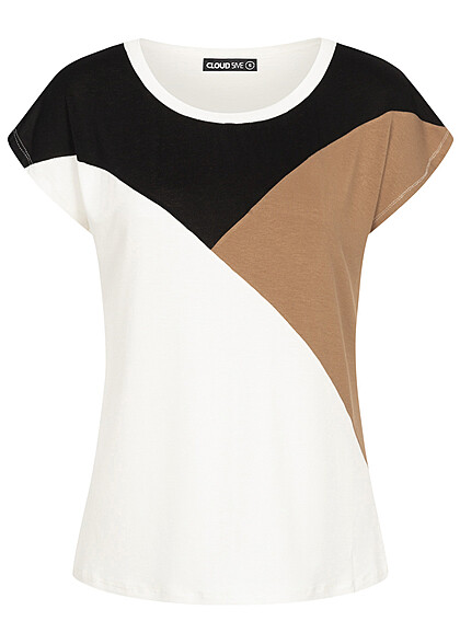 Cloud5ive Damen Viskose Colorblock T-Shirt weiss camel braun schwarz - Art.-Nr.: 23036652