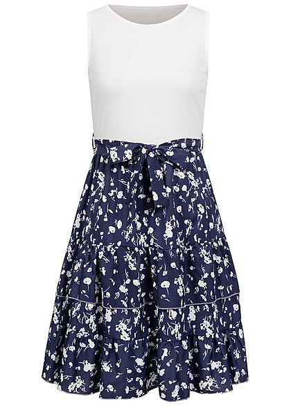 Cloud5ive Damen 2-Tone Kleid mit Stufen und Bindegrtel Ornament Print blau weiss - Art.-Nr.: 23036687