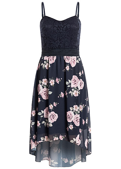 Cloud5ive Damen Trgerkleid mit Spitzenbesatz und Rosen Print navy blau