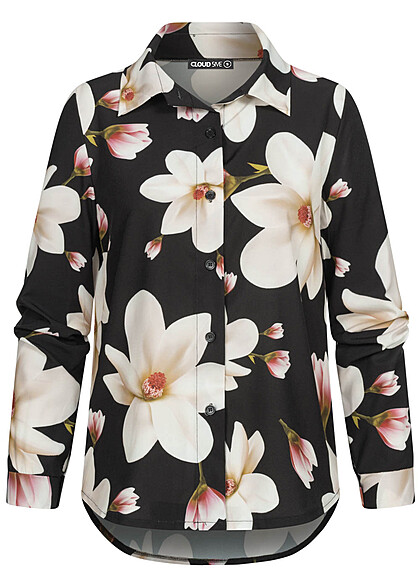 Cloud5ive Damen Langarm-Bluse mit Knopfleiste u. Blumenprint schwarz - Art.-Nr.: 23036705