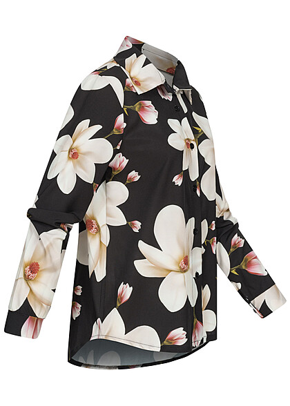 Cloud5ive Damen Langarm-Bluse mit Knopfleiste u. Blumenprint schwarz