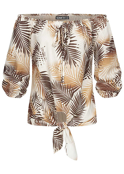 Cloud5ive Damen Off-Shoulder Bluse mit Knotendetail und Rüschen tropical print weiss - Art.-Nr.: 23036708