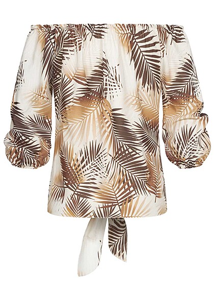 Cloud5ive Damen Off-Shoulder Bluse mit Knotendetail und Rüschen tropical print weiss