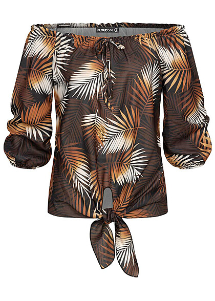 Cloud5ive Damen Off-Shoulder Bluse mit Knotendetail und Rüschen tropical print schwarz - Art.-Nr.: 23036709