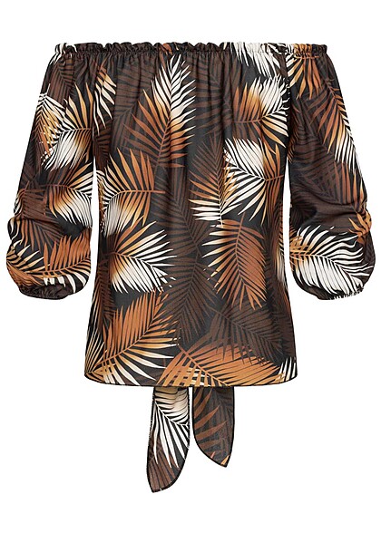 Cloud5ive Damen Off-Shoulder Bluse mit Knotendetail und Rüschen tropical print schwarz