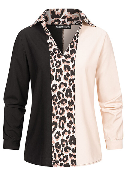 Cloud5ive Damen Colorblock Bluse mit Leo Print Streifen schwarz weiss
